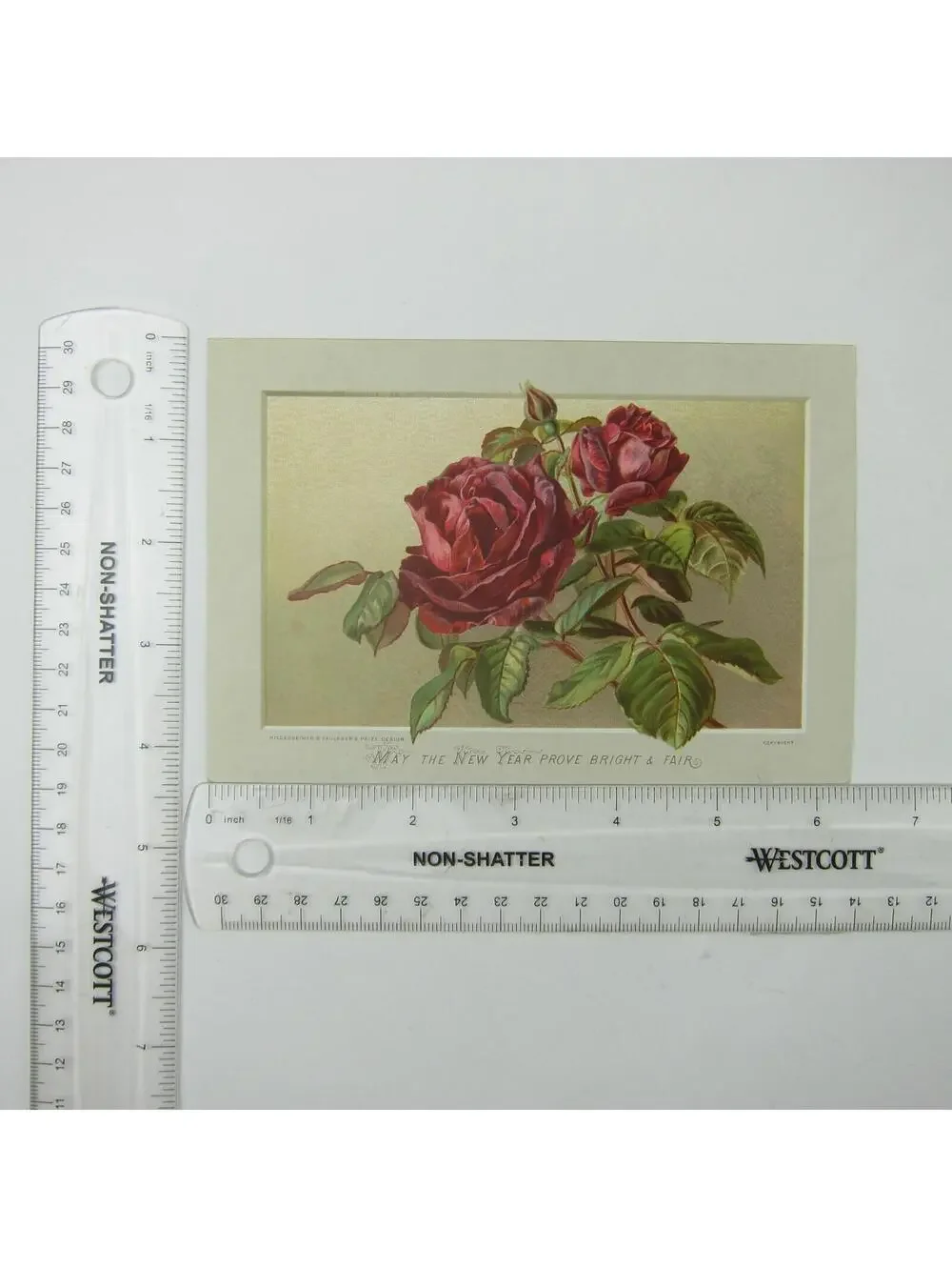 Victorian Greeting Card New Years Red Rose Flowers Hildesheimer Faulkner Antique